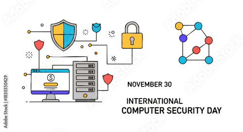 Illustration concept for International Computer Security Day, showcasing data protection, network safety, and server security with flat line art icons