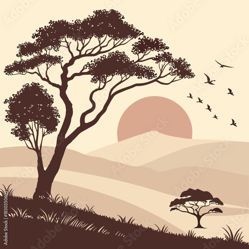 Monochrome Vintage Nature Landscape Vector Illustration