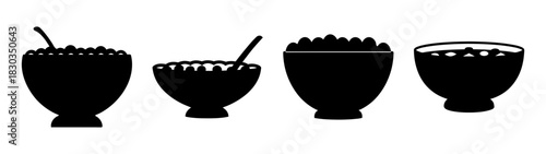 Simple black and white silhouettes of bowls filled with food for a dining illustration