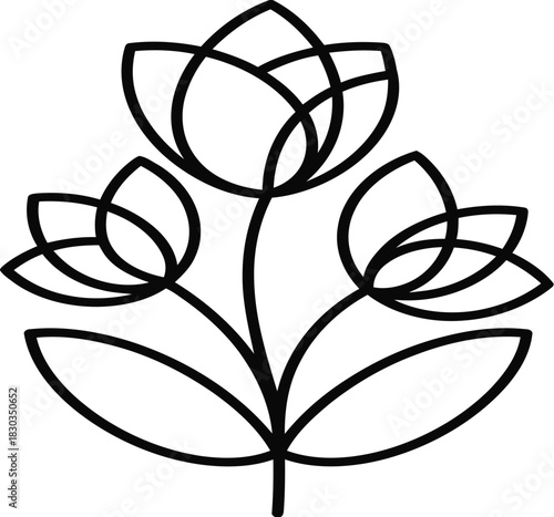 Stylized black outline of three abstract flowers on a single stem