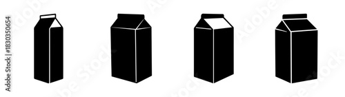 Minimalist black silhouette icons of various milk or juice cartons, ideal for food and beverage packaging concepts, graphic design projects, and essential dairy product illustrations.