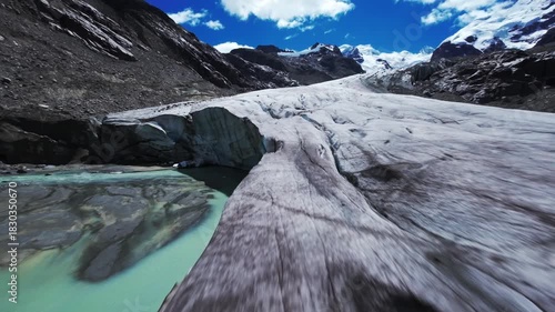 FPV drone over Swiss glacier landscape, serene and breathtaking view