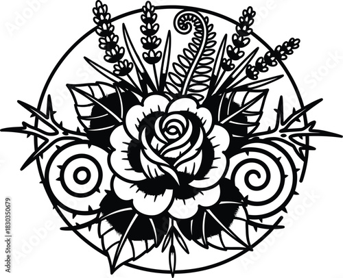 A black and white tattoo style illustration of a rose with thorns, lavender, and fern, enclosed in a circle
