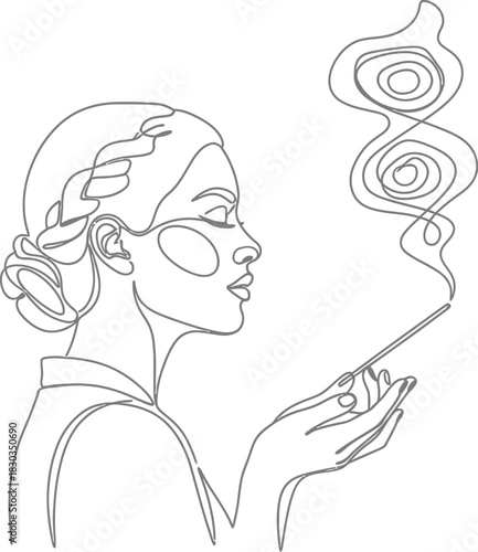A minimalist line art drawing of a womans profile with her eyes closed, holding an incense stick with smoke swirling upwards