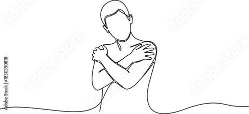 Continuous line drawing of a person embracing themselves, symbolizing selfcare, selflove, and mental wellbeing