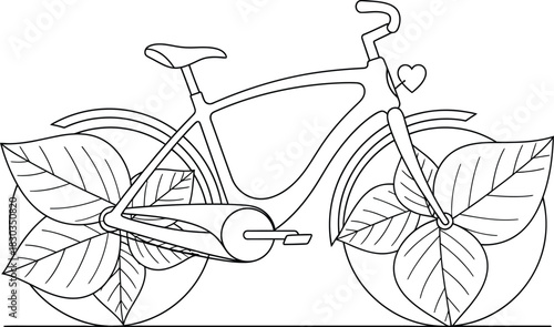 A simple line art illustration of a bicycle adorned with large leaves, isolated on a, symbolizing ecofriendly transportation and nature