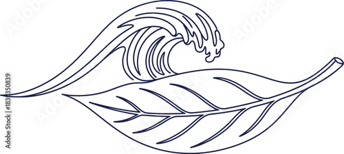 Continuous line drawing of a wave and a leaf, symbolizing nature, water, growth, and harmony