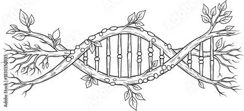 Artistic representation of dna structure intertwined with tree branches and leaves, symbolizing life, genetics, and nature