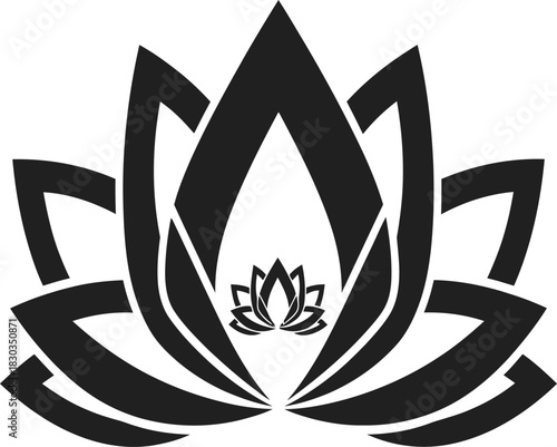 Stylized black lotus flower symbol with intricate celtic knot design elements and a smaller lotus in the center