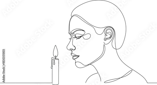 A contemplative single line drawing of a womans profile gazing at a lit candle, evoking a sense of peace, reflection, spirituality, and introspection, isolated on a
