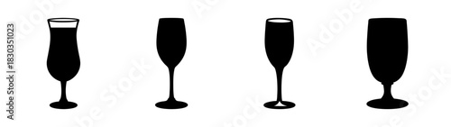 Black silhouette icons of various drinking glasses: hurricane cocktail, stemmed wine, champagne flute, beer. ideal for menus, bar branding, hospitality designs, clean versatile set.
