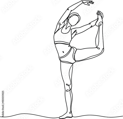 Single line drawing of a woman in a yoga pose, dancer pose