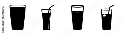 Minimalist black silhouette vector icons of four drink glasses: full, with straw, half-full, and with ice, suitable for web, mobile, and user interface design applications.