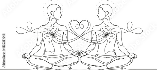 Two people meditating in lotus position, connected by flowing lines forming a heart shape, representing unity, love, and spiritual connection