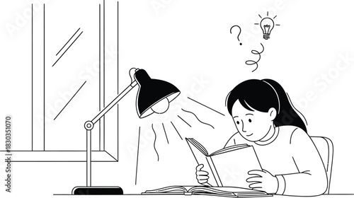 A young girl studying diligently at a desk under a lamp, with a question mark and a lightbulb symbolizing an idea or realization