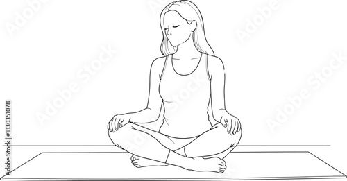 Woman meditating in lotus position on yoga mat, eyes closed, calm and peaceful expression, simple line drawing