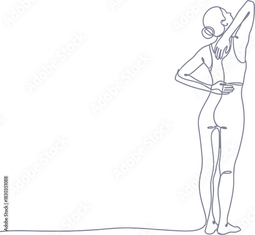 Woman stretching her back in a graceful pose, highlighting flexibility, wellness, and body awareness, depicted in a minimalist line art style