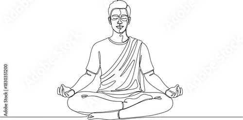 A continuous line drawing of a man meditating in a lotus pose