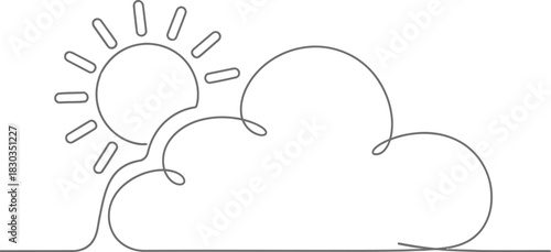 Continuous line drawing of a sun peeking from behind a cloud, representing good weather and optimism