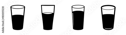 Four black silhouette glasses illustration with varying liquid levels, showcasing different fill amounts in a simple, graphic line art style on a clean background.