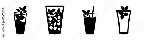 Minimalist monochrome vector icons of refreshing summer drinks like mojitos and iced teas, with mint, ice, and straw. ideal for menus, application, and web design.