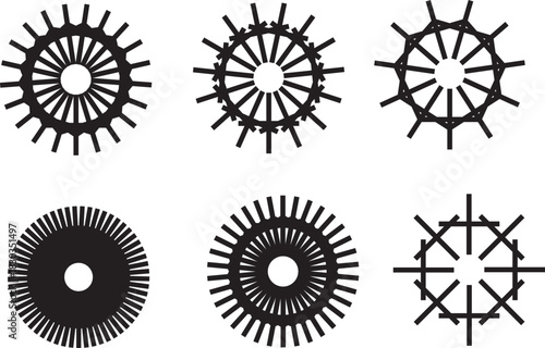 Set of six black and white abstract circular gear or wheel icons with varying spoke and tooth designs, isolated on white background
