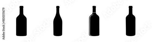 Four distinct black silhouettes of classic wine bottles in a neat horizontal row, symbolizing variety, elegance, and the art of winemaking and beverage design elements.