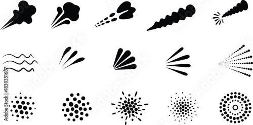 Set of black spray and mist effect icons vapor smoke
