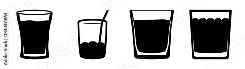 Simple black and white vector icons showcasing a diverse collection of drink glasses: a tall glass, a glass with a straw and boba, and two distinctive tumblers.