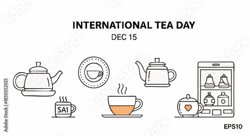 International Tea Day illustration showing teapots, cups of tea, and a cabinet with tea-related items in a minimalist line art style.