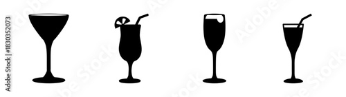 Black silhouette icons: martini, hurricane with straw, champagne flute, tall glass. perfect for stylish beverage menus, invitations, chic bar designs.