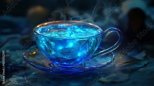 Tea cup glowing softly with bioluminescent algae