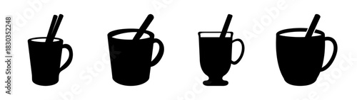 Collection of black silhouette icons depicting various hot and cold beverages in different cup and mug styles, complete with straws and stirring spoons, isolated on a white background