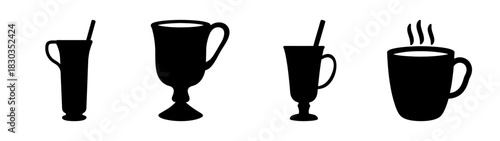 Set of four stylized beverage cup silhouettes, including various coffee, tea, and cocktail glass designs, featuring handle, stem, and straw elements, suitable for cafe menus and icons
