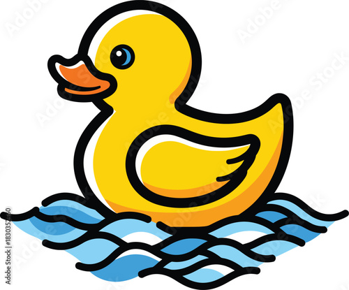 A charming cartoon yellow rubber duck with a bold black outline floating serenely on stylized blue waves.