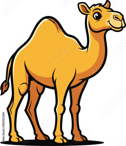 A cheerful cartoon dromedary camel with a single hump standing with a friendly smile and bold outlines.