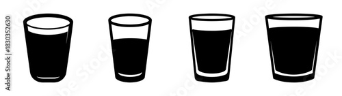A collection of four minimalist black silhouette glass icons with varying liquid levels, depicting different quantities of beverage or water, ideal for infographics and illustrative design.