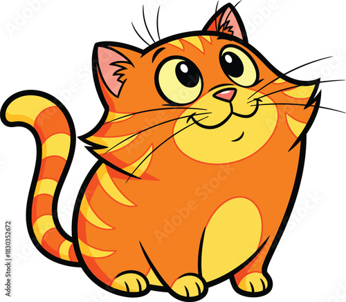 A cheerful chubby orange tabby cat cartoon character with yellow stripes smiling and looking upwards with big expressive eyes.