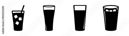 Four simple black and white icons representing glasses with various beverages