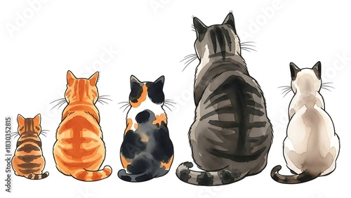 Diverse Feline Friends Sitting Together on a White Background