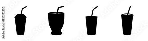 Set of four black silhouette drink cups with straws, flat design vector illustration-A collection of four distinct black silhouette icons representing various drink cups with straws, presented in a cl