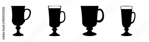 Collection of diverse black vector silhouettes showcasing stemmed handled glasses and mugs, perfect for hot beverages like irish coffee, tea, or mulled wine, ideal for design uses