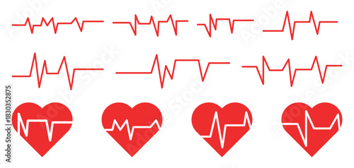 Set of red heart rate monitor pulse EKG lines and heart icons medical cardiology symbols heartbeat lines vector illustration 