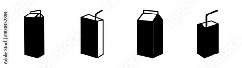 Set of black minimalist beverage carton icons, including juice boxes with straws and classic milk cartons, presented in a clean, isolated graphic style suitable for branding and design projects.