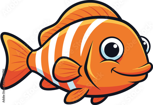 A cheerful orange cartoon clownfish with bold white stripes and a friendly smiling expression.