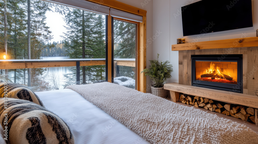 Naklejka premium Cozy lake cabin bedroom with fireplace and snowy forest view, warm inviting atmosphere