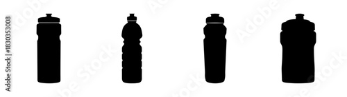 Four distinct silhouettes of various modern reusable sport water bottles, isolated on a clean white background, showcasing diverse designs for hydration and active lifestyle needs.