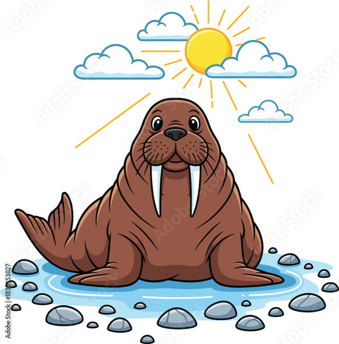 A cheerful brown cartoon walrus with large white tusks and a friendly expression sitting on an ice floe.