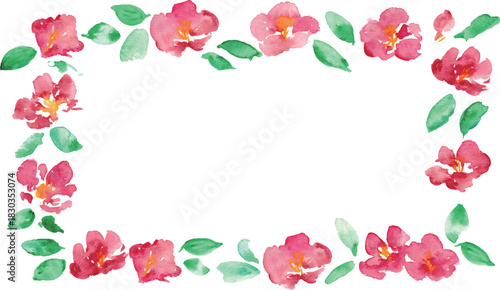 椿の和風年賀状フレーム。水彩画。水彩タッチのベクター和風背景。Japanese-style New Year's card frame with camellia flowers. Watercolor painting. Vector Japanese-style background with a watercolor touch.