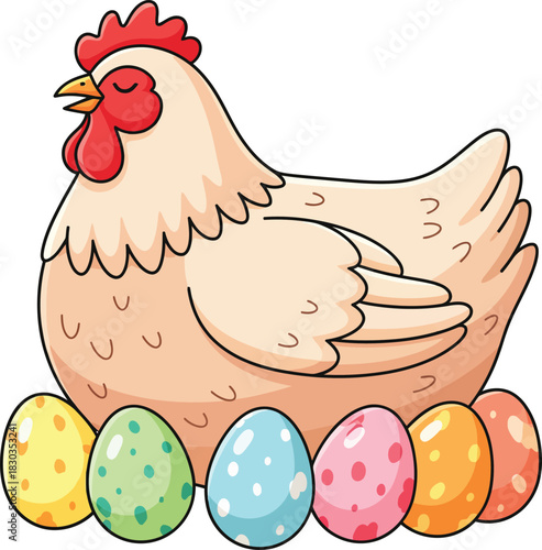 A friendly cartoon hen with a red comb sitting proudly over a row of colorful decorated Easter eggs.